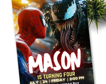 Könnte beinhalten: Eine Geburtstagseinladung mit Spiderman und Venom. Die Einladung ist rot, schwarz und gelb mit dem Text "JOIN US TO CELEBRATE! MASON IS TURNING FOUR JULY | 24 | FRIDAY | 2:00 PM 123 SONIC ST. BIRTHDAY BAY RSVP TO DANA 123-456-7890"