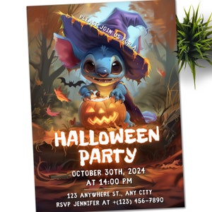 Modèle d'Halloween modifiable d'invitation d'anniversaire de point, invitation d'anniversaire modifiable de toile, invitation de fête d'anniversaire d'ange Lilo Stitch