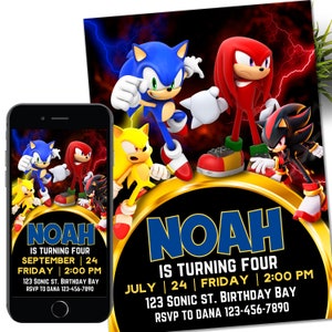 Faire-part Super Sonic Knuckles Sonic Shadow, invitation électronique à une fête d'enfants Super hérisson, tonnerre de hérisson, Invitation numérique d'anniversaire pour garçon