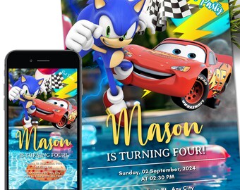 Sonic MCQueen Mario Invitation, Super Hedgehog Kids Party E-invite, Hedgehog Thunder, Birthday Digital Invitation for Boy