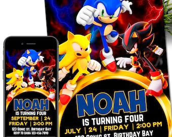 Sonic Shadow Super Sonic Invitation, Super Hedgehog Kids Party E-invite, Hedgehog Thunder, Birthday Digital Invitation for Boy