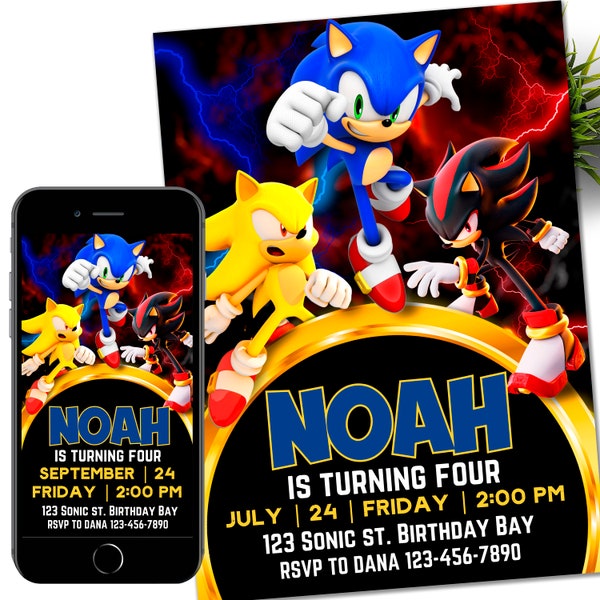 Sonic Shadow Super Sonic Invitation, Super Hedgehog Kids Party E-invite, Hedgehog Thunder, Birthday Digital Invitation for Boy