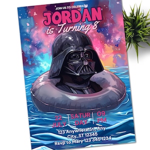 Modèle d'invitation d'anniversaire modifiable Dark Vador au bord de la piscine Invitation de fête d'anniversaire imprimable Modèle d'invitation de fête d'enfants numérique Starwars