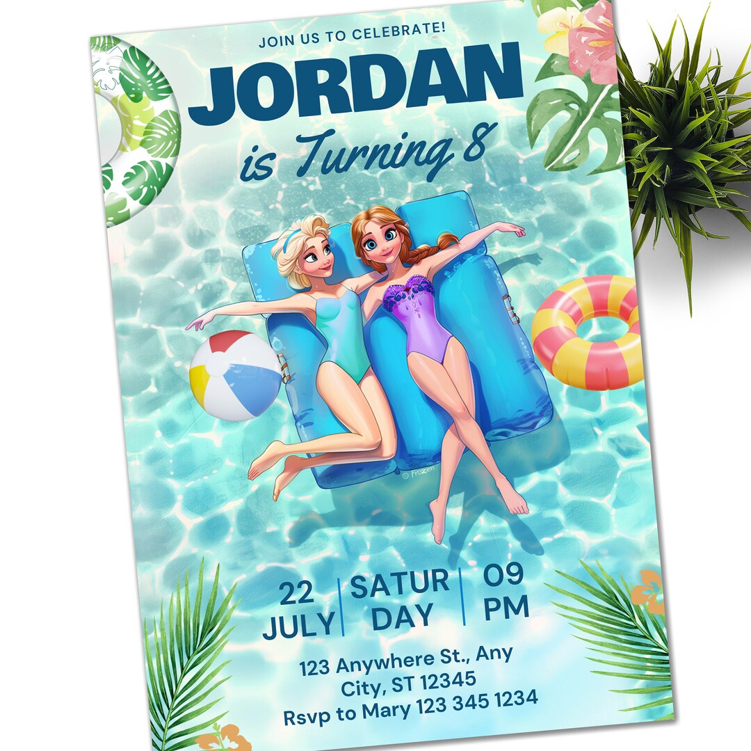 FROZEN Pool Party Elsa and Anna Birthday Invitation Summer Birthday ...