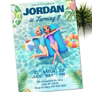 La Reine des neiges Pool Party Elsa et Anna Birthday Invitation Modèle d'anniversaire d'été imprimable et modifiable en téléchargement immédiat La Reine des neiges