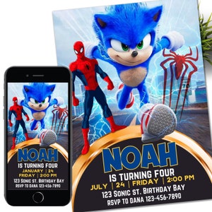 Invito sonico, invito elettronico alla festa per bambini Spiderman Super Hedgehog, Hedgehog Thunder, invito digitale di compleanno per ragazzo