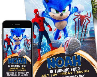 May include: A birthday invitation featuring a blue cartoon character with red shoes, a red and blue superhero character, and a gold ring. The invitation says "Noah is turning four" and includes the date, time, and location of the party. RSVP information is also included.