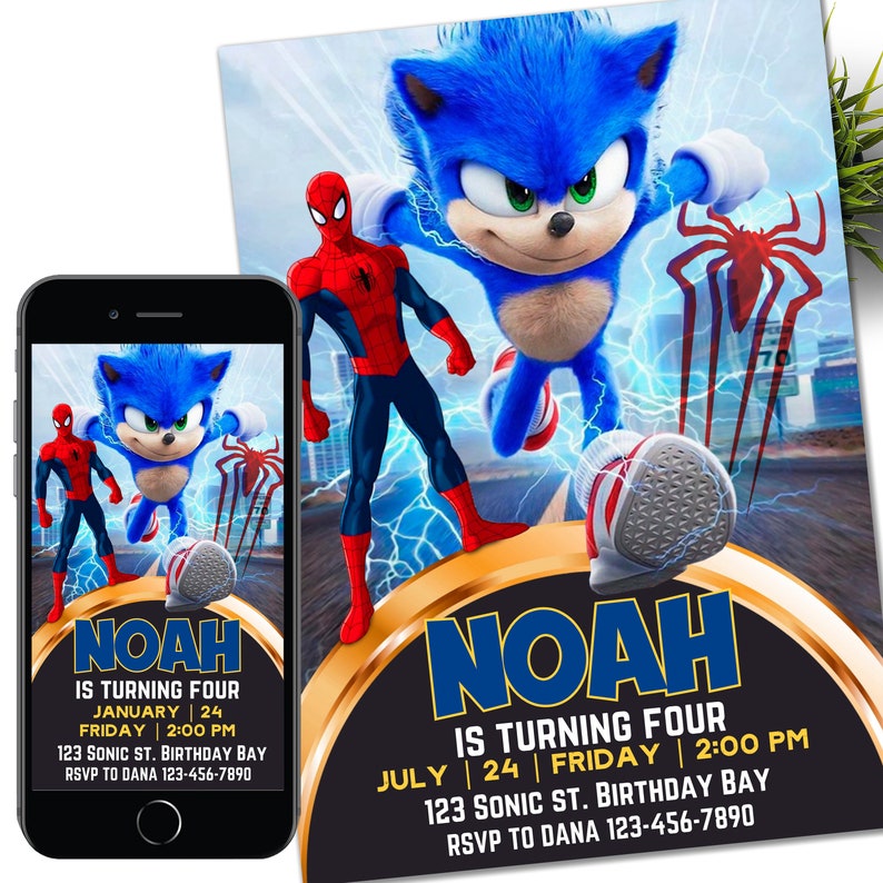 May include: A birthday invitation featuring a blue cartoon character with red shoes, a red and blue superhero character, and a gold ring. The invitation says "Noah is turning four" and includes the date, time, and location of the party. RSVP information is also included.