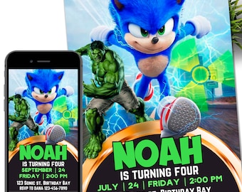 May include: A birthday invitation featuring Sonic the Hedgehog and Hulk. The invitation is for Noah's 4th birthday party. The party is on July 24th at 2:00 PM. The address is 123 Sonic St. Birthday Bay. RSVP to Dana at 123-456-7890.