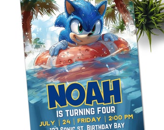 May include: A blue and yellow birthday invitation featuring a cartoon character of Sonic the Hedgehog wearing a red life preserver and floating in a blue pool. The invitation reads "JOIN US TO CELEBRATE! NOAH IS TURNING FOUR JULY | 24 | FRIDAY | 2:00 PM 123 SONIC ST. BIRTHDAY BAY RSVP TO DANA 123-456-7890"