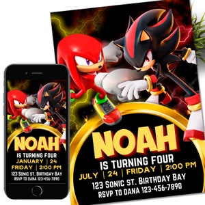 Invitation Sonic Shadow and Knuckles, invitation électronique à une fête d'enfants Super hérisson, tonnerre de hérisson, Invitation numérique d'anniversaire pour garçon