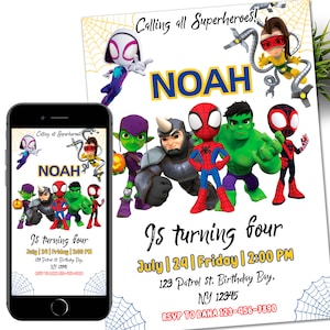 Convite do Spidey para seus incríveis amigos, convite para festa de aniversário do Spidey, modelo editável da Web, download instantâneo digital