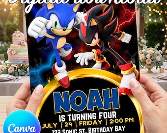 May include: A rectangular birthday invitation card featuring Sonic the Hedgehog and Shadow the Hedgehog. The text reads Digital download, NOAH IS TURNING FOUR, JULY 24 FRIDAY 2:00 PM, 123 SONIC ST. BIRTHDAY BAY, RSVP TO DANA 123-456-7890.