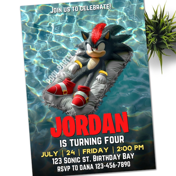 Sonic Shadow Super Sonic Invitation, Super Hedgehog Kids Party E-invite, Hedgehog Thunder, Birthday Digital Invitation for Boy