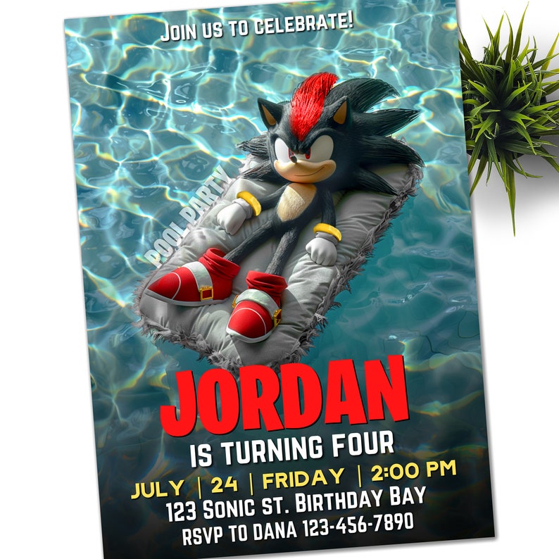 May include: A birthday party invitation featuring a cartoon character, Shadow the Hedgehog, floating on a pool float in a swimming pool. The invitation is for Jordan's 4th birthday party on July 24th at 2:00 PM. The address is 123 Sonic St. Birthday Bay. RSVP to Dana at 123-456-7890.