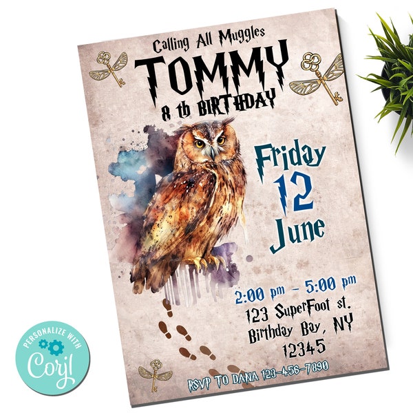 Owl Wizard Themed Birthday Party Invitation Template, Magical Birthday Invite, Magic School Birthday Party Invitation