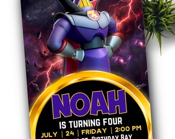 May include: A birthday party invitation featuring a cartoon character against a space-themed background with lightning. The invitation reads "NOAH IS TURNING FOUR" with date, time, and location details. A gold and black circular design frames the text.