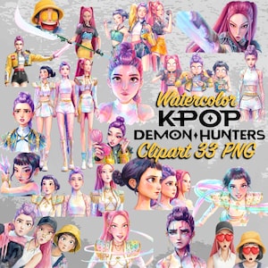 May include: Watercolor KPOP Demon Hunters Clipart 33 PNG. A collection of watercolor illustrations featuring stylized K-pop characters in various poses and outfits. The artwork includes vibrant colors and detailed designs, perfect for digital art projects.