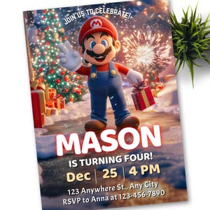 Mario Bros Luigi Weihnachten Einladung, Super Mario Geburtstagseinladung, Super Brothers Junge einladen, Videospiel, Kind einladen, Vorlage, Weihnachten