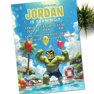 Convite Hulk para festa na piscina, convite eletrônico para festa infantil, convite digital de aniversário de super-heróis para menino