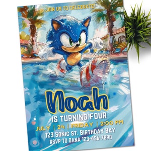 Sonic Einladung Pool-Party, Super Igel Kinder Party E-invite, Hedgehog Thunder, Geburtstags-Digital-Einladung für Jungen