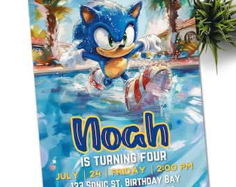 Pool Party Sonic Invitation, Super Hedgehog Kids Party E-invite, Hedgehog Thunder, Birthday Digital Invitation for Boy