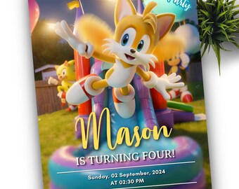 May include: A colorful birthday party invitation featuring a cartoon fox character jumping on a bouncy castle. The invitation reads "Mason IS TURNING FOUR!" with event details and RSVP information. Balloons and the words "Pool Party" are also visible.