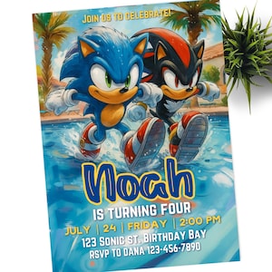 Sonic Shadow, convite do Sonic, festa na piscina, convite eletrônico para festa infantil do Super Ouriço, Hedgehog Thunder, convite digital de aniversário para menino