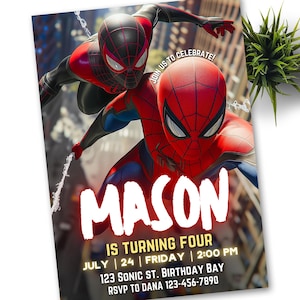 Convite de festa de aniversário do Homem-Aranha e Miles Morales Convite de aniversário do Aranha Convite da Web Modelo editável Download instantâneo Digital