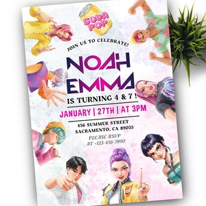 May include: A party invitation featuring the names Noah and Emma, with the text "Is Turning 4 & 7!" and event details. The design includes illustrations of stylized figures and a soda can graphic. The invitation also includes the date, time, and location.