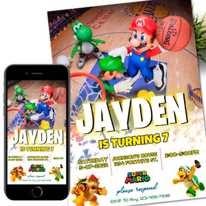 Mario basketbal uitnodiging, Super Mario verjaardagsuitnodiging, Super Brothers jongen uitnodigen, videogame, Kid uitnodigen, sjabloon, Canva