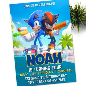 Faire-part d'anniversaire Sonic Shadow vs Super Sonic pistolet à eau, invitation électronique Super Hedgehog Kids Party, Hedgehog Thunder