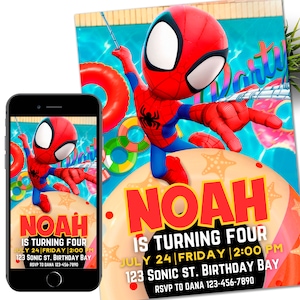 Pool Party Spidey Invitation his Amazing Friends Birthday Party Invite Spidey Birthday Invite Web Editable Template Instant Download Digital