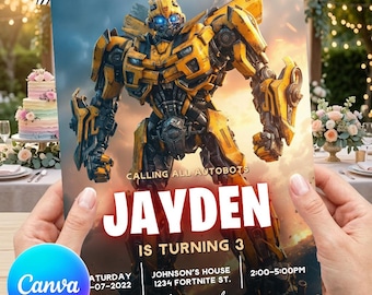 May include: A digital download birthday invitation featuring a yellow and black robot character. The text reads: Calling all Autobots, Jayden is turning 3, Saturday, Johnson's House, 1234 Fortnite St., 2:00-5:00PM, please respond, RSVP to Amy 123-456-7890.