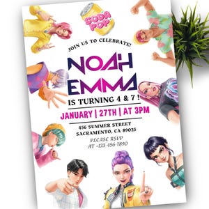 May include: A party invitation with the text "JOIN US TO CELEBRATE!" and the names "NOAH" and "EMMA". The invitation includes the date "JANUARY 27TH" and time "AT 3PM". The design features cartoon illustrations of people.