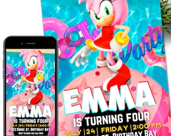 Sonic Amy Rose Pool Party Birthday Digital Invitation, Kids Party E-invite, Thunder, Super Hedgehog Birthday Invites Cards for Girl