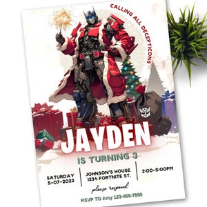 Xmas Optimus Prime Transformers Birthday Invitation Template, Rescue Bots Invitation, Digital Autobots Birthday Invite xmas Christmas
