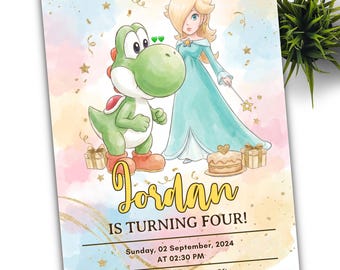 May include: A birthday invitation card featuring a green Yoshi and Princess Rosalina in a watercolor style. The text reads: Jordan is turning four, Sunday, 02 September, 2024 at 02:30 PM, 123 Anywhere St., Any City, RSVP to Anna at 123-456-7890.