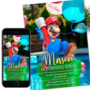 Convite Mario Bros Pool party, Convite de aniversário do Super Mario, Convite Super Brothers boy, Videogame, Convite infantil, Modelo, Canva