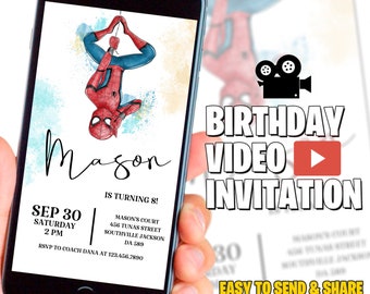 May include: A smartphone screen displaying a birthday video invitation for Mason, who is turning 8. The invitation features a cartoon image of Spiderman hanging upside down. The invitation includes the date, time, and location of the party. The text "Birthday Video Invitation" is displayed in large, bold letters at the top of the screen.