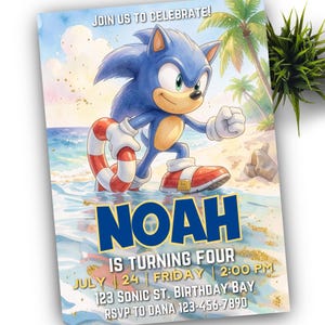 May include: A birthday party invitation featuring Sonic the Hedgehog on a beach. The invitation includes the name "NOAH", the age "FOUR", date, time, and location. The background shows a beach scene with palm trees and ocean waves.