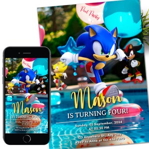 Sonic Shadow Super Sonic uitnodiging, Super Hedgehog Kids Party E-invite, Hedgehog Thunder, digitale verjaardagsuitnodiging voor jongen