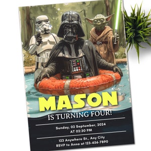 Modèle d'invitation d'anniversaire modifiable Dark Vador Yoda piscine fête d'anniversaire imprimable Invitation de fête d'anniversaire numérique enfants inviter Storm Trooper