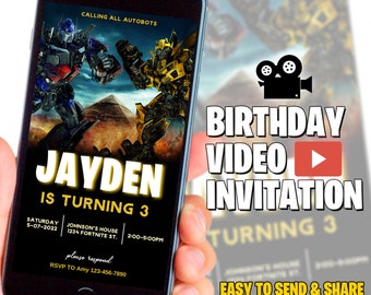 Transformers video-uitnodiging voor verjaardagsfeestje, Optimus Prime digitale geanimeerde video-uitnodiging voor mobiel, autobots-uitnodiging