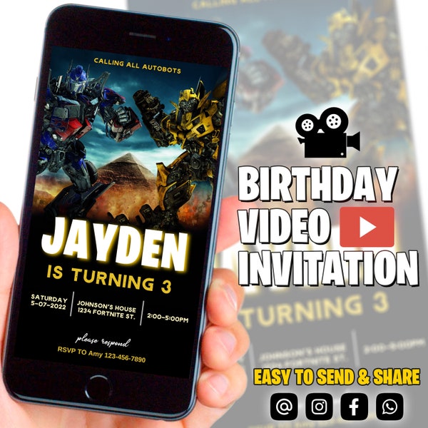 Transformers birthday party video invitation, Optimus Prime digital animated video invite for mobile, autobots invitation