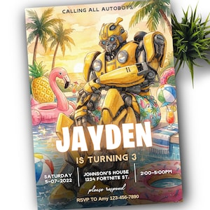 Puede incluir: Una invitación colorida con un robot amarillo, con el texto "CALLING ALL AUTOBOTS". La invitación incluye el nombre "JAYDEN" y la frase "IS TURNING 3". Los detalles incluyen la fecha, la hora y el lugar del evento.