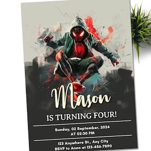 Miles Morales verjaardag uitnodiging partij uitnodigen - superheld jongen partij Card Canva sjabloon