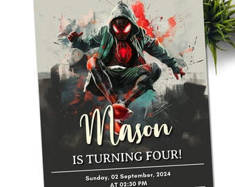 Puede incluir: Una invitación de cumpleaños con una imagen de dibujos animados de Spider-Man con un traje rojo y negro, con el texto "¡Mason cumple cuatro años!" La invitación incluye la fecha, la hora y el lugar de la fiesta.