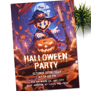 Mario Bros Halloween-uitnodiging, Super Mario-verjaardagsuitnodiging, Super Brothers-jongen uitnodigen, videogame, kind uitnodigen, sjabloon, canvas