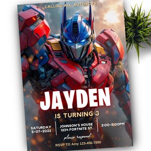 Könnte beinhalten: Geburtstagseinladung mit einem roten, blauen und gelben Roboter-Design. Die Einladung zeigt den Namen "JAYDEN", den Text "IS TURNING 3" und Veranstaltungsdetails wie Datum, Uhrzeit und Adresse. Der Text "CALLING ALL AUTOBOTS" steht oben.